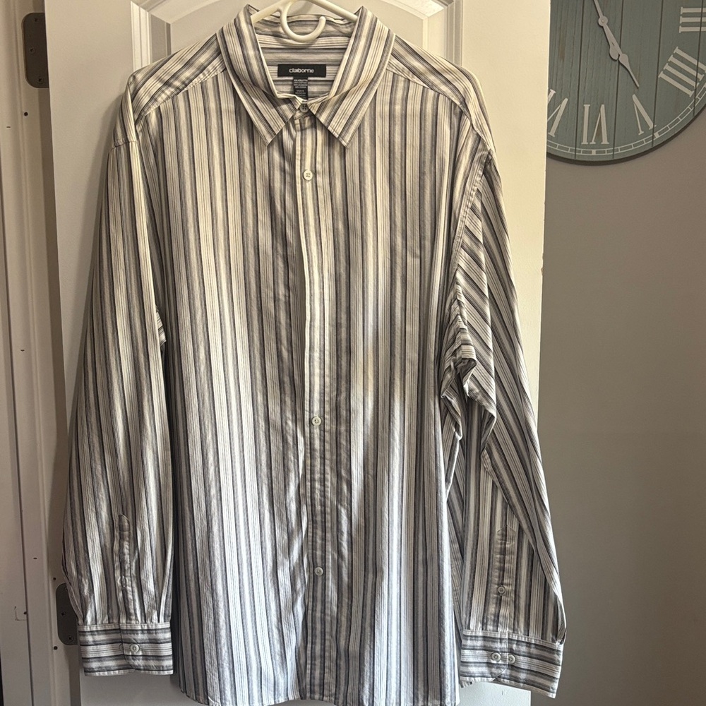 Claiborne Men's Vertical Striped Dress Shirt - Gray & White